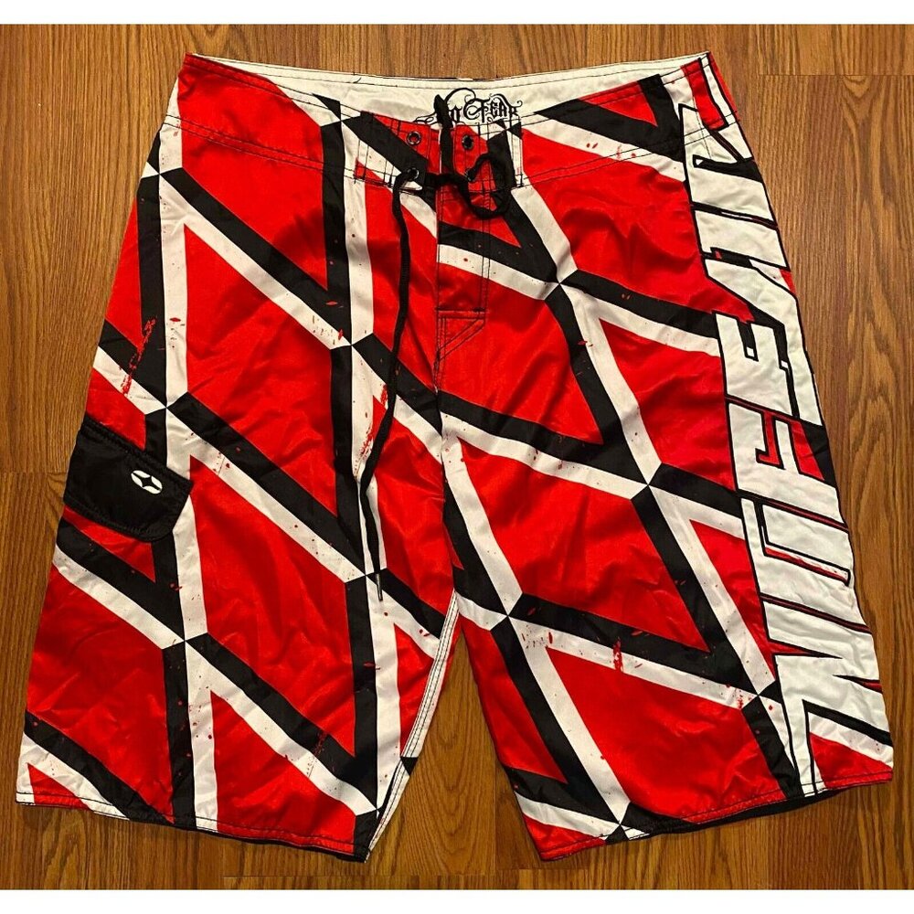 No Fear Board Shorts Mens 33 Beach Swim Trunks Splatter Striped Grunge